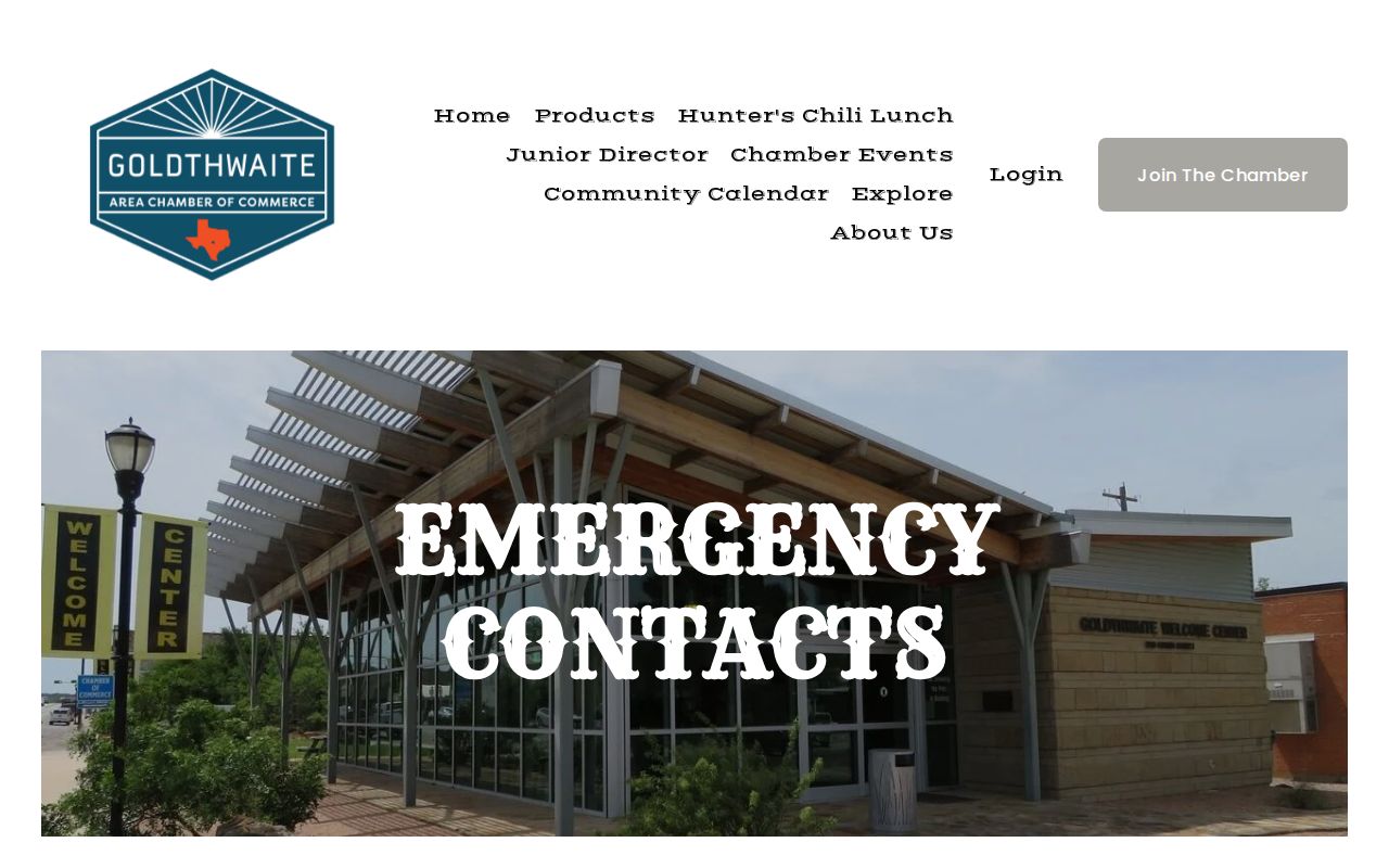 Goldthwaite Area Chamber emergency contacts showing the county sheriff contact path